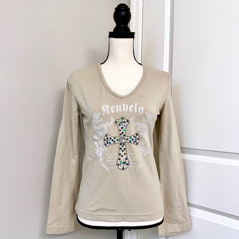 NEW KENVELO Tan Long Sleeve T - Shirt with Cross